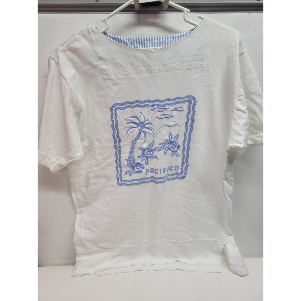 Chaus Sport White‎ Embroidered Palm Tree Pacifico Cotton T-Shirt Women's Size S